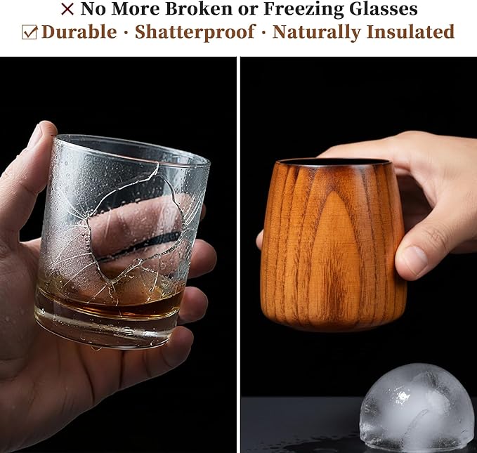 Charred Wooden Whiskey Glass – Handcrafted Bourbon Tumbler with Charred Interior | Old Fashioned Whiskey Glass for Bourbon Lovers | Unique Christmas Whiskey Gifts for Men, Dad, Husband