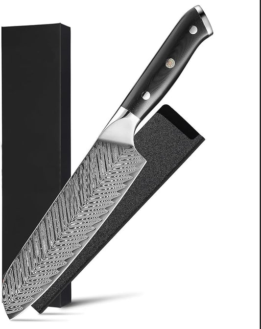 Arisman 7 Inch Santoku Knife, Japanese Damascus Steel Chef Knife, Sharp VG10 Kitchen Slicing Knife with Feather Pattern Blade and Full Tang Ergonomic G10 Handle
