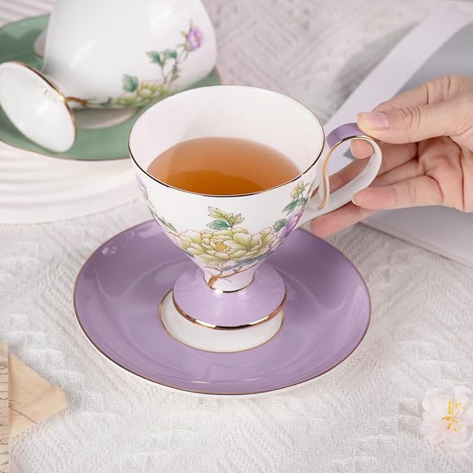 KAMMAK Ceramic Tea Cup and Saucer Set with Gold Trim, 240ml Floral Pattern Elegant Bone China Coffee Cup Set with Purple & Mint Green Saucers for Afternoon Tea, Gift for Women