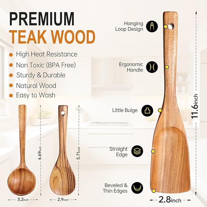 Wooden Spoons for Cooking, Wooden Utensils for Cooking Natural Teak Wooden Kitchen Utensils Set Comfort Grip (3 PCS)