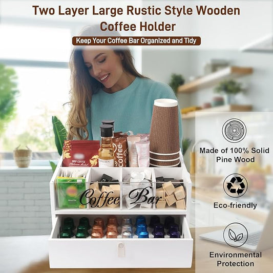 2-Tier Coffee Bar Organizer with Clear Acrylic Top, Built-in Drawer and Leather Handle Pull for Countertop, Stylish Coffee Station Storage Box for Accessories, Pods, Great Gifts for Home