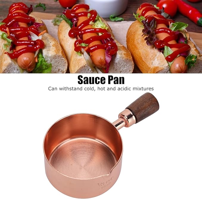 Mini Sauce Pan, Stainless Steel Butter Warmer with Pour Spout and Wooden Handle Rose Gold Melting Pot for Making Sauces, Chocolate Melting, Coffee Tea Soup Warming(1/3cup)