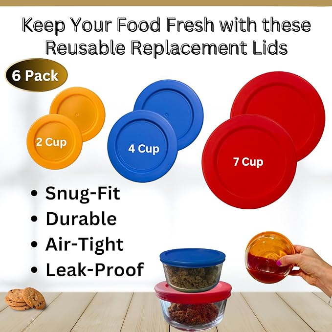 2, 4 & 7 Cup Orange, Blue, Red Replacement Lids/Covers for Pyrex, Anchor Hocking & KlareWare Storage Bowls *Lids Only Glass Container Not Included* (6 Pack *Two of Each Size*)