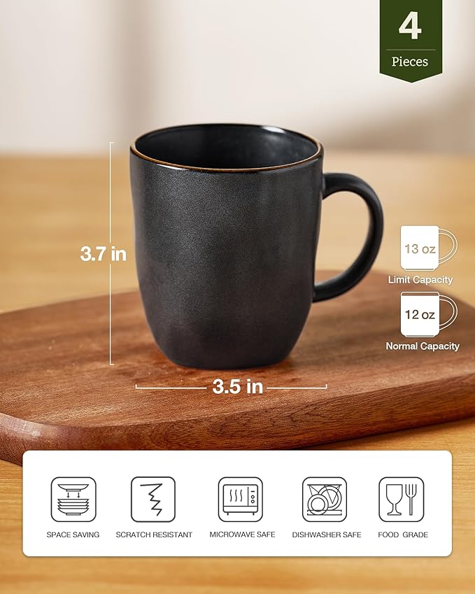 famiware Coffee Mugs Set of 4, Ocean Square 13oz Coffee Cup Set with Handle for Cocoa, Milk, Hot Chocolate, Tea, Water, Stoneware Cups for Kitchen, Microwave and Dishwasher Safe, Matte Black