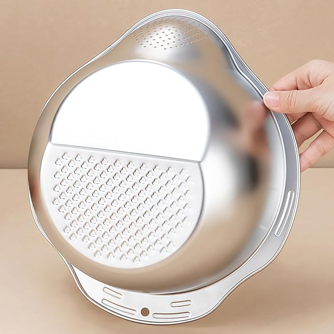 Rice Washer Strainer Bowl - 4-in-1 Washing Bowl for Quinoa, Stainless Steel Side Drainers Colander for Cleaning and Rinsing Fruits, Vegetables, and Beans - Versatile Kitchen Tool