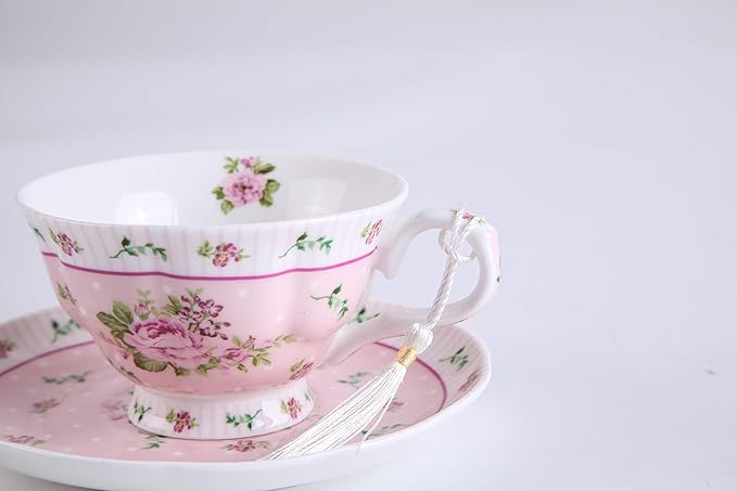 London Boutique Coffee Tea Cup and Saucer Set 4 Shabby Chic Vintage Porcelain Bird Butterfly Flora Gift Box 7.5OZ (Rose Pink)