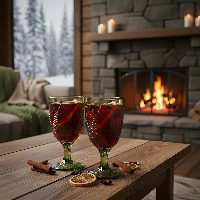 Green Glass Goblets Set of 4-10 oz Vintage Glassware Decorative Wine Glasses, Colored Cute Goblet Drinking Cups, Unique Textured Water Cup Sets, Colorful Aesthetic Pretty Drinkware Gifts