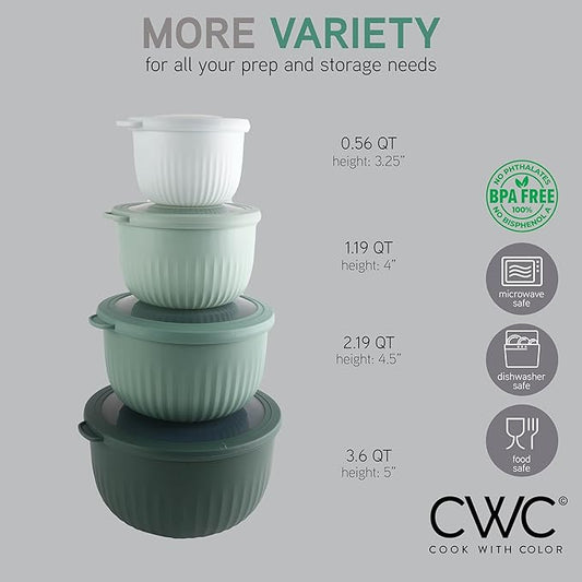 COOK WITH COLOR Prep Bowls with Lids- Wide and Deep Nesting Plastic Small Mixing Bowl Set with Lids, 8 Piece Set - Deep Bowls, Sage