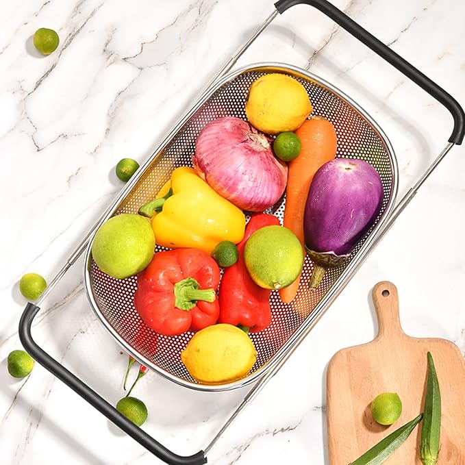 Over The Sink Strainer Stainless Steel Colander 5 Quart Basket with Expandable Rubber Grip Handles for Kitchen Sink - Strain, Drain, Rinse Fruits, Vegetables, Pasta, New Home Essentials