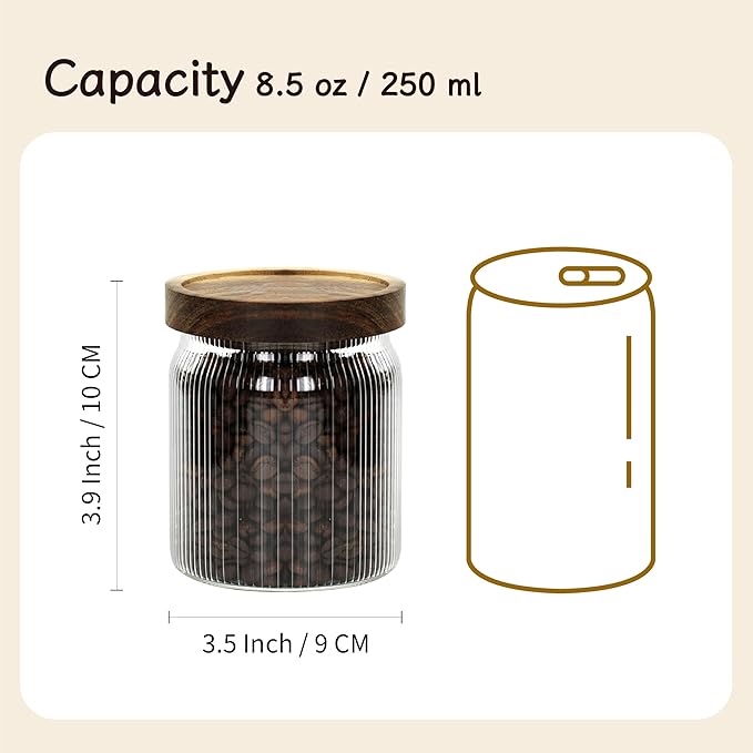 Ribbed Glass Storage Jars Set of 2 – Airtight Food Canisters with Wooden Lids, Stackable Kitchen Organizers for Coffee, Tea, Spices & Dry Goods (8.5oz)