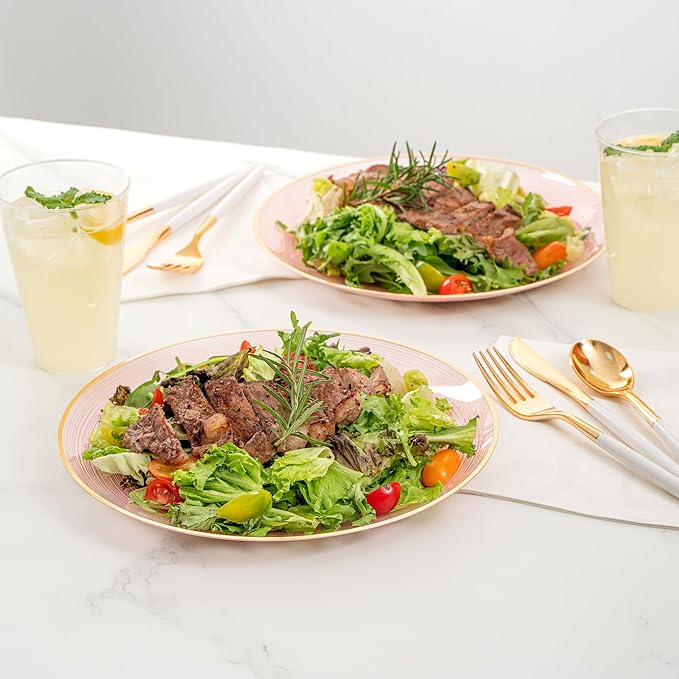 Restaurantware Plastic Plates 100 Pcs 10" Gold Rimmed Disposable Plates Heavy-Duty Pink Translucent Rippled Plastic Dinner Servers for Party, Weddings, Salads, Desserts, and Appetizers