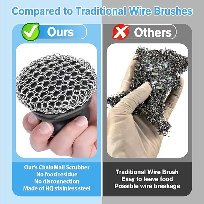 Onewly Cast Iron Scrubber (2 × Black Coarse Mesh) and and Scraper, Chain Mail Scrubber for Cleaning Stock Pots, Pans, Griddles, Grills, Cast Iron Skillets, Dish Scouring Pads