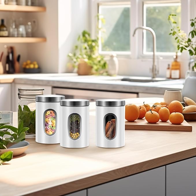 Canisters Sets for the Kitchen, 3pcs Sugar Flour Tea Coffee Storage Jars Stainless Steel Food Container Organizer for Kitchen Counter with Transparent Window (white)