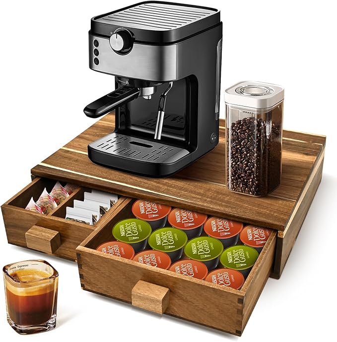 Acacia Wood K Cup Holder，Coffee Pods and Tea Bag Storage Organizer，with Two Drawers Kcup Holders for Counter，Multi-Functional Coffee Maker Stand
