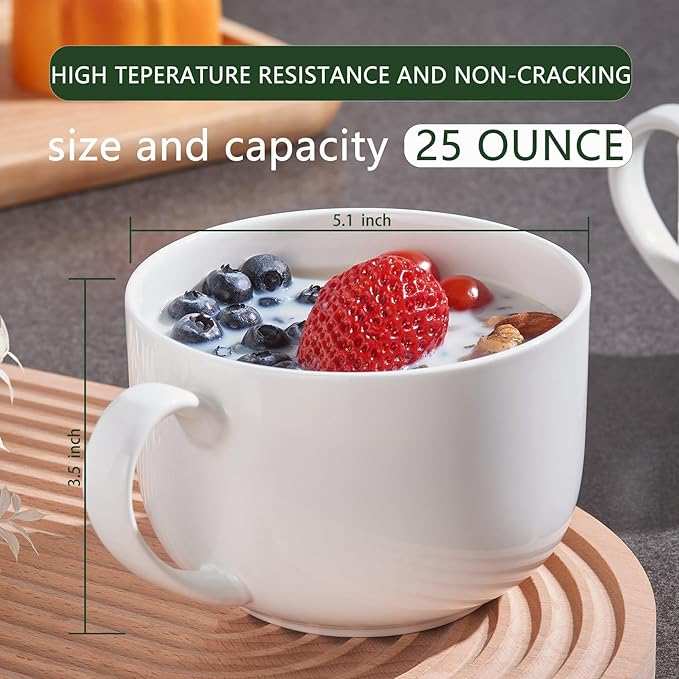 Chulan Large 25 oz Lightweight Fine Bone China Mugs, White Ceramic Soup Mugs,Over 45% Bone Content for Porcelain Soup, Latte, Milk, Coffee, Microwave Safe,Set of 4 Easy to Clean Moonlight Series