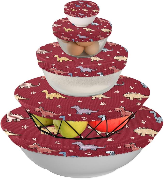 5 Pcs Bowl Covers Reusable in 5 Size Elastic Food Cover Cloth Lids Fresh Keeping Dish Cookware Bakeware Fabric Covers Lids for Food Leftovers Fruits Storage Red Dinosaur Stars and Paw Print