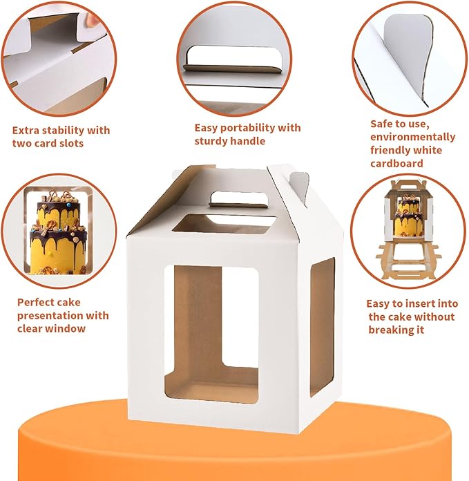 Tall Cake Boxes 6 Windows with handle,12x12x12 Tall Cake Carrier, Tiered Cake Box, Square cake box,largeTake Out Transport Containers Ideal for 10" & 12" Tiered Cakes (3Pack-White)