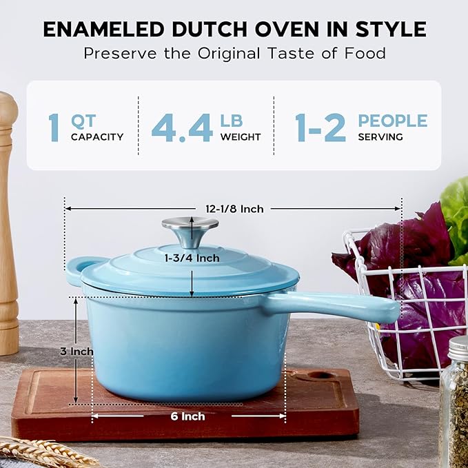 Onader 1 Quart Saucepan, Enameled Cast Iron Sauce Pan Pot, Small Kitchen Pot for Cooking with Lid, Enamel Dutch Oven Nonstick – Lake Blue
