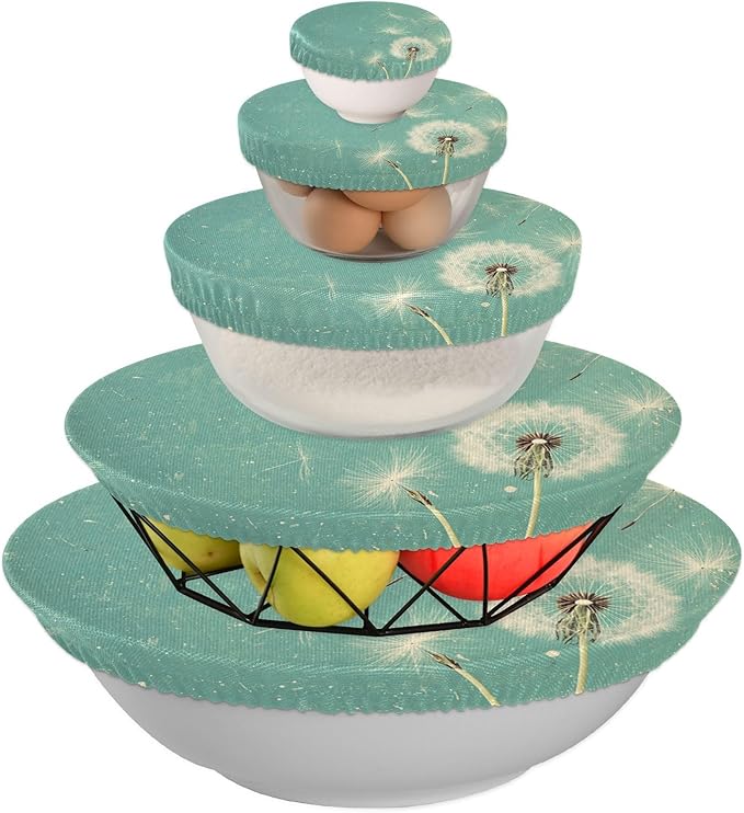 5 Pcs Bowl Covers Reusable in 5 Size Elastic Food Cover Cloth Lids Fresh Keeping Dish Cookware Bakeware Fabric Covers Lids for Food Leftovers Fruits Storage Teal Dandelion Flowers