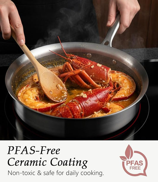 Saute Pan with Lid–12 Inch Deep Frying Pan 5.5qt for Stir-Fry & Searing,5-Ply Stainless Steel Saute Pan Nonstick Non Toxic, PTFE & PFOA Free Non Stick Skillet,Induction, Oven & Dishwasher Safe