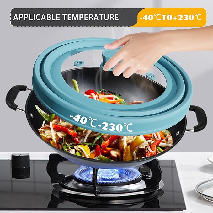 Microwave Splatter Cover, Vented Silicone and Glass Cover Splatter Guard Lid, Food Collapsible Plate Cover Lid with Easy Grip Handle. (Blue, 9 inch)