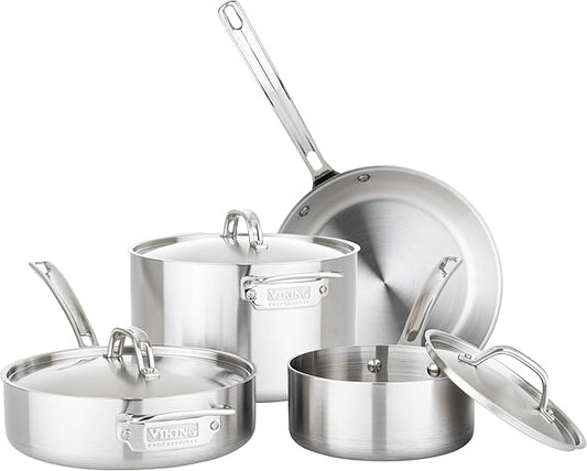 Viking 5-Ply Pots and Pans Set, 7 Piece Stainless Steel Kitchen Cookware, Silver