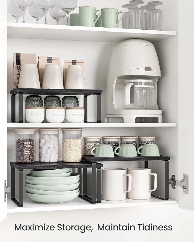 SONGMICS Cabinet Organizer Shelf, Set of 3 Kitchen Counter Shelves, Kitchen Storage, Spice Rack, Stackable, Expandable, Anthracite Gray and Matte Black UKCS220B01