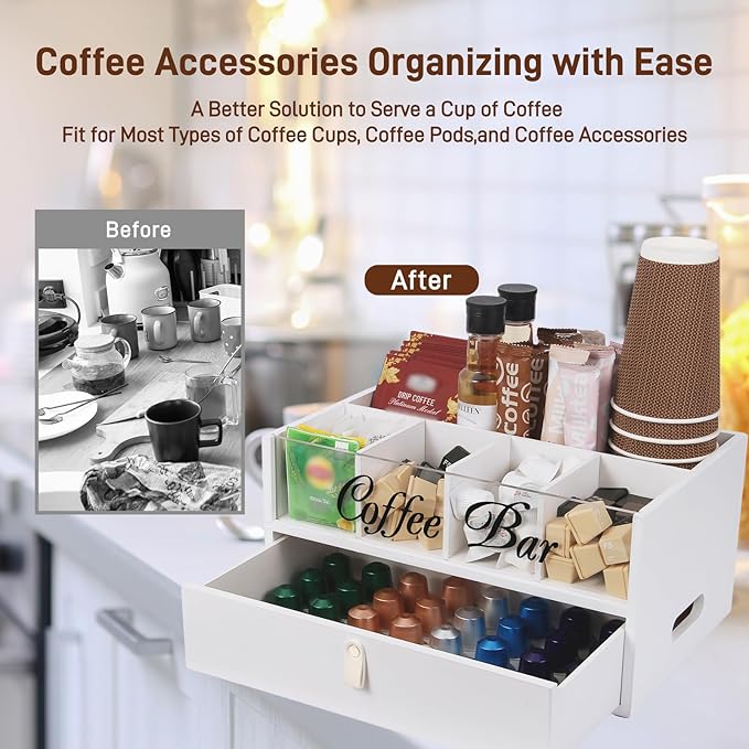 2-Tier Coffee Bar Organizer with Clear Acrylic Top, Built-in Drawer and Leather Handle Pull for Countertop, Stylish Coffee Station Storage Box for Accessories, Pods, Great Gifts for Home
