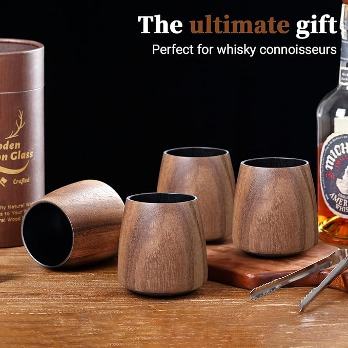 Acacia Wood Whiskey Glass – Premium Handcrafted Bourbon Tumbler with Charred Interior | Old Fashioned Whiskey Glass for Whiskey Lovers | Luxury Christmas & Birthday Gift for Men, Dad, Husband (4Pcs)