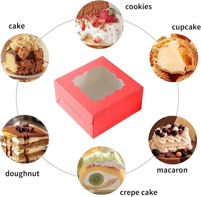 36 pcs 6x6x3 Inches Small Cake Box with Window, Bakery Pastry Cookie Boxes, Mini Pie for Pastry,Dessert,Strawberries,Chocolates, Cupcakes with paper stickers (Red)