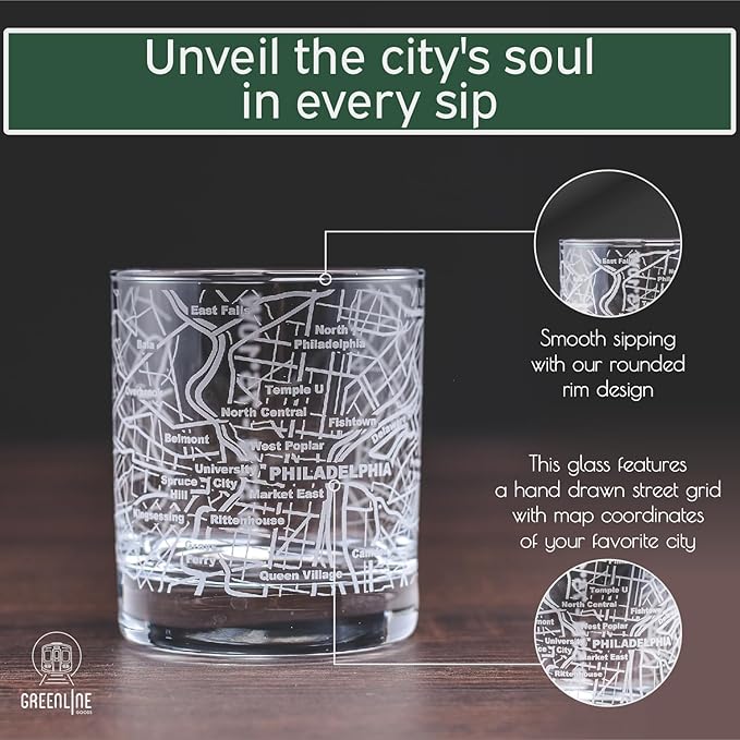 Greenline Goods Whiskey Glasses - 10 Oz Tumbler Gift Set for Philadelphia lovers, Etched with Philadelphia Map | Old Fashioned Rocks Glass - Set of 2
