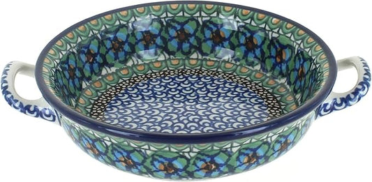 Blue Rose Polish Pottery - Green Mardi Gras Mini Casserole Dish with Handles - 6.75" Diameter - Unique, Dishwasher Safe, & Durable Bakeware