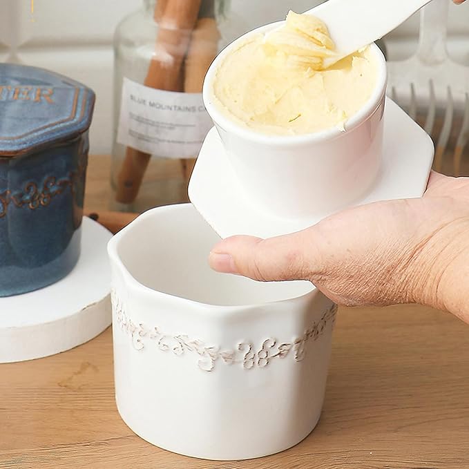 Butter Crock, French Butter Dish with Lid for Countertop,Ceramic French Butter Dish,White
