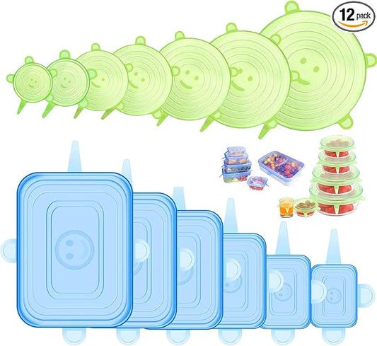 Silicone Stretch Lids, 12 Pack Silicone Lids, 6 Sizes BPA-free Silicone Bowl Covers Reusable for Cups, Bowls and Dish, Flexible, Round and Rectangle Fit 2.6” - 8.2” Container, Green & Blue