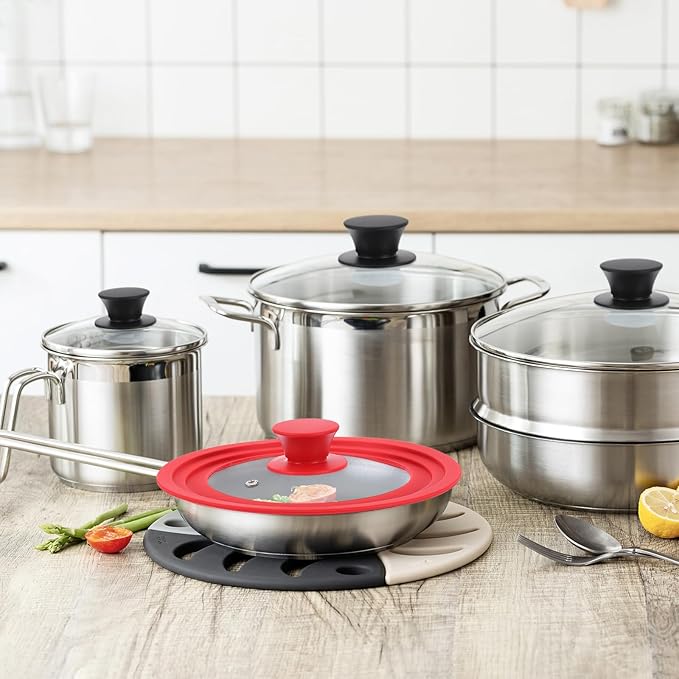 Uxcell 1Pcs Universal Lid for Pot Fit 8.5, 9.5, 10 Inch Diameter Cookware, Replacement Pan Lid with Heat Resistant Silicone Rim, Steam Vent Pan Lid for Pots, Frying Pans, Skillets, Red