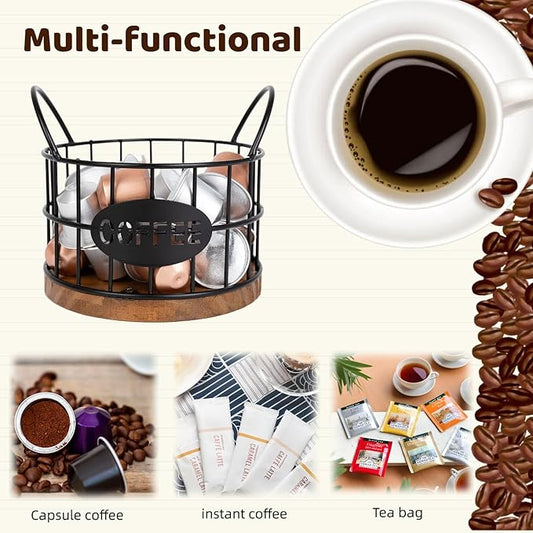 Coffee Pods Holder for Countertop, K Cup Holder Organizer, Sturdy Kcup Storage Basket with Wooden Base , Pod Container For Kitchen Bar Counter Office Desktop (Black)