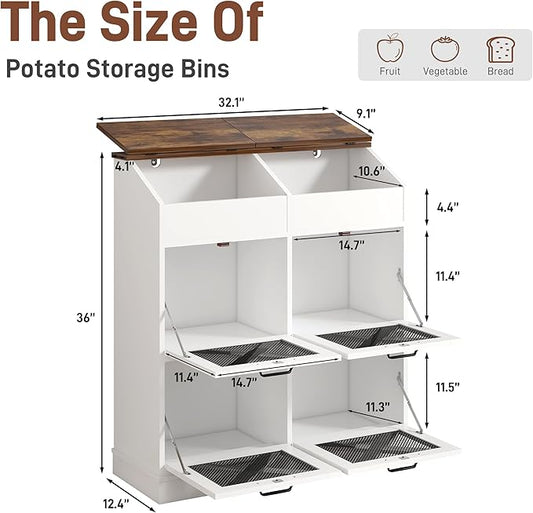 Large Wood Veggie Bin for Potato,Bread,Onion With 6 Large Storage Space. Root Vegetable Storage Box For Kitchen, Farmhouse Wood Potato Box With 4 Mesh Doors,32 * 12.4 * 36 INCH(White)