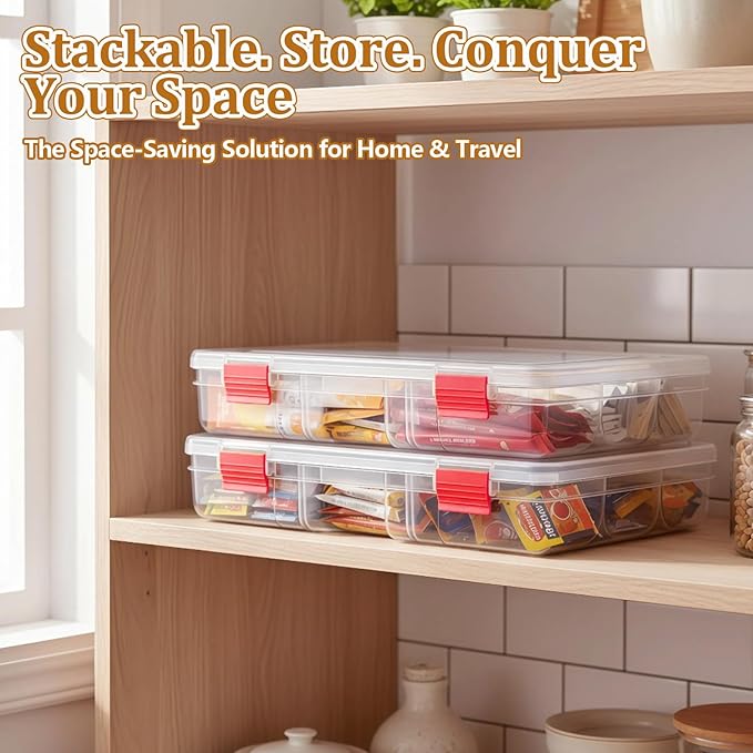 Water Packet Organizer – Stackable Clear Acrylic Water Flavor Packet Organization with Removable Dividers & Secure Lid for Kitchen, Countertop, Pantry, and Travel (Red)