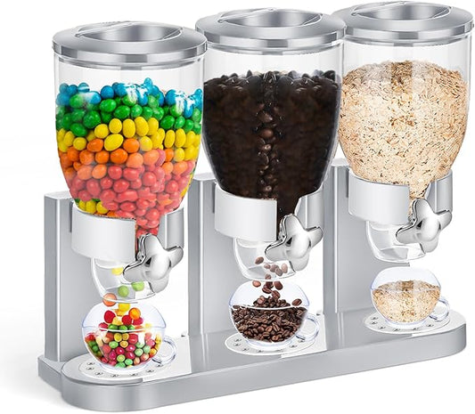 Umigy 1 Pack Triple Indispensable Dry Food Dispenser 67oz Each Capacity Cereal Container for Storage Preserving Dispensing Kitchen Rice Candy Nuts Dog Food Granola Snack Gumball Countertop (Silver)