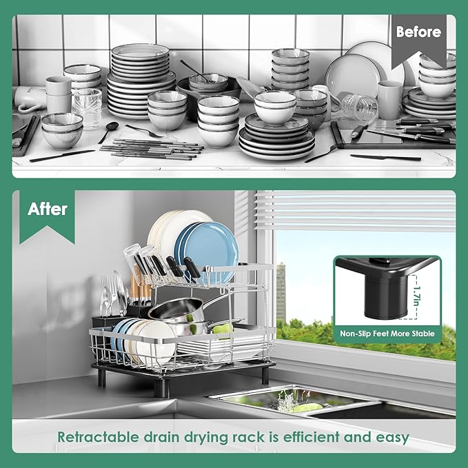MOUKABAL Dish Drying Rack - 2 Tier Stainless Steel Dish Rack, Dish Racks for Kitchen Counter, Drying Rack Kitchen with Removable Utensil Holder and Drainboard (Black)