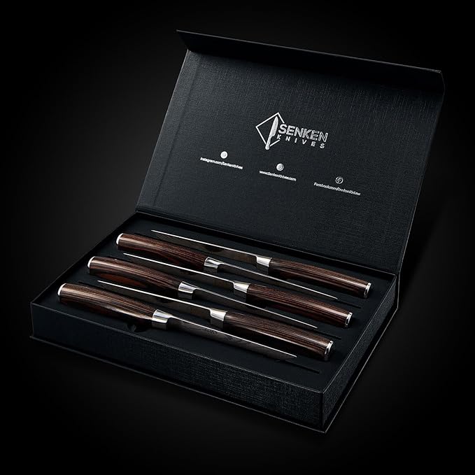 SENKEN Non-Serrated Steak Knife Set with Damascus Pattern - Razor Sharp Straight Edge Blade, Stainless Steel & Wood Handle (Steak Knives Set of 4)