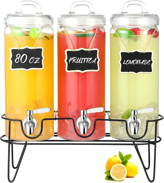3 Pack 80 oz Tall Glass Drink Dispenser with Stand, Lid, Label and Stainless Steel Leakproof Spigot Beverage Water Dispenser Clear Mason Jar for Party Fridge(Round)
