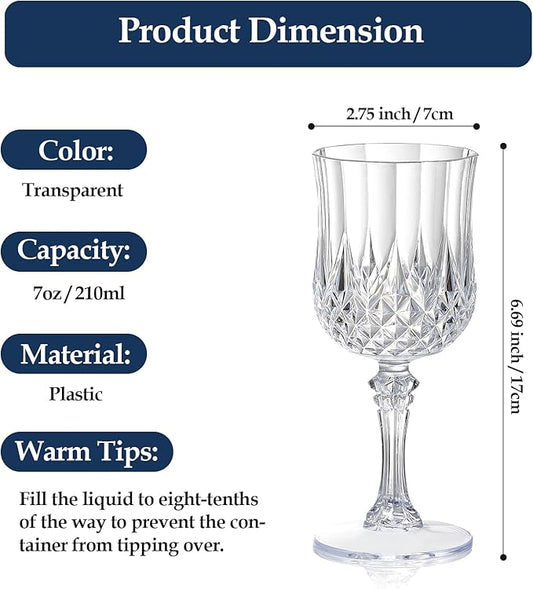 XUWAIDSGN 7oz Plastic Vintage Wine Glasses Drinking Glasses Unbreakable Wedding Glassware Crystal Water Goblets Reusable Drinkware Vintage Champagne Flutes (100, Clear)