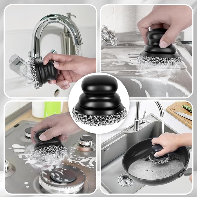 Onewly Cast Iron Scrubber and Scraper, Chain Mail Scrubber Cast Iron for Cleaning Dishes, Stock Pots, Pans, Griddles, Grills, Dish Scouring Pads