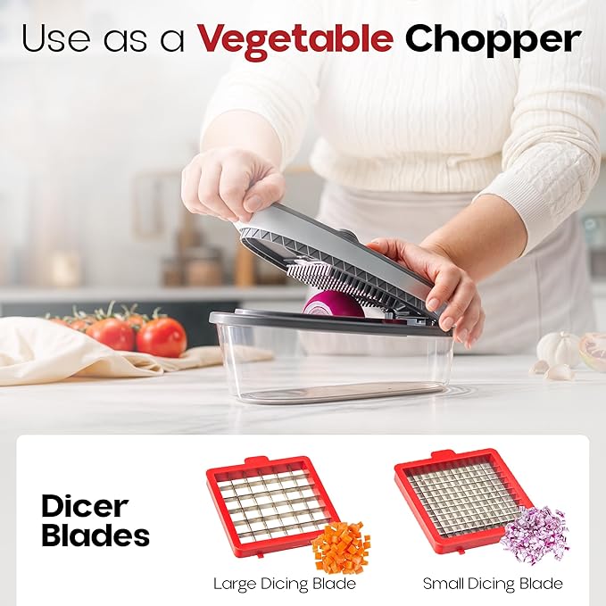 CHOPZILLA Vegetable Chopper and Mandoline Slicer for Kitchen Cuts 18x Faster, Come with 4 Blades, Scraper, & Container, All in 1 Veggie Chopper Vegetable Cutter, French Fry Cutter, Onion, Fruit, Salad