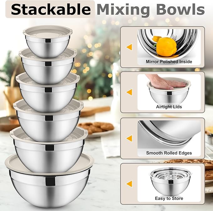 P&P CHEF Mixing Bowls with Lids Set of 6, Stainless Steel Nesting Salad Bowl & 3 Grater Attachments for Prepping Storing, 4.6/2.6/2/1.5/1/0.7 QT, Khaki