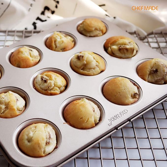 CHEFMADE Mini Muffin Pan, 12-Cavity Non-Stick Mini Cupcake Pan Bakeware for Oven Baking (Champagne Gold)