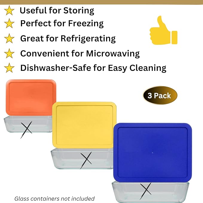 3, 6 & 11 Cup Orange, Yellow, Blue Replacement Lids/Covers for Pyrex, Anchor Hocking & KlareWare Storage Bowls *Lids Only Glass Container Not Included* (3 Pack *One of Each Size*)