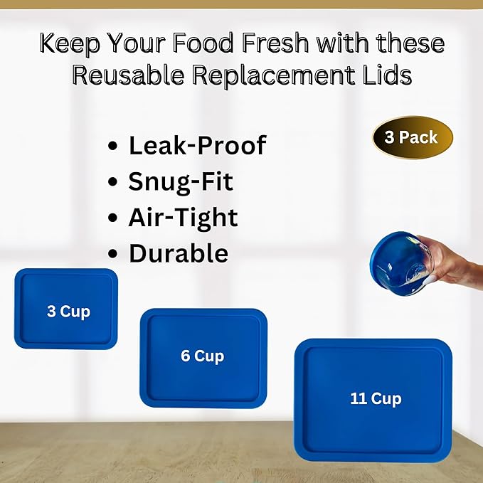 3, 6 & 9 Cup Blue Replacement Lids/Covers for Pyrex, Anchor Hocking & KlareWare Storage Bowls *Lids Only Glass Container Not Included* (3 Pack *One of Each Size*)