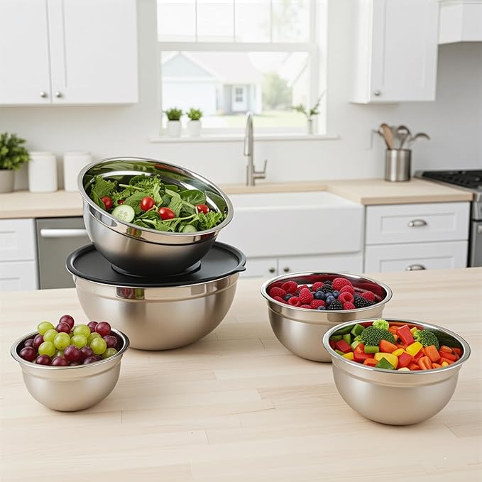 Mixing Bowls with Airtight Lids Set of 5, Stainless Steel Mixing Bowls with 3 Grater Attachments, Nesting Salad Bowl for Prepping, Serving, Cooking, Kitchen, 0.75/1/1.5/2.5/4.5QT, Black